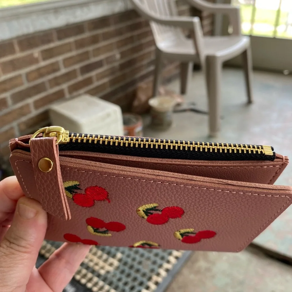 Brown and Red Leather Wallet with Whimsical Floral Design - Picture 2 of 7